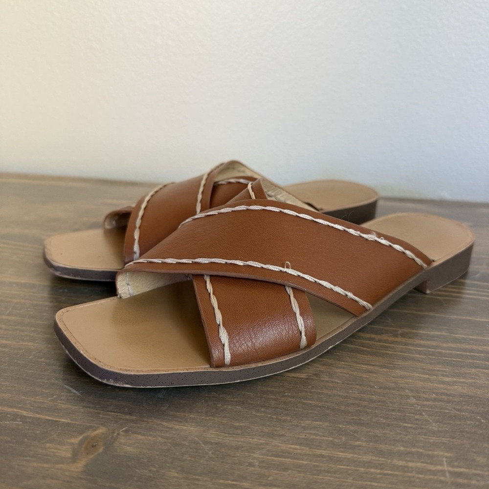 Mi.Im Womens 7.5 Tan Brown Cross Strap Slip On‎ Slides Sandals Shoes Flat
